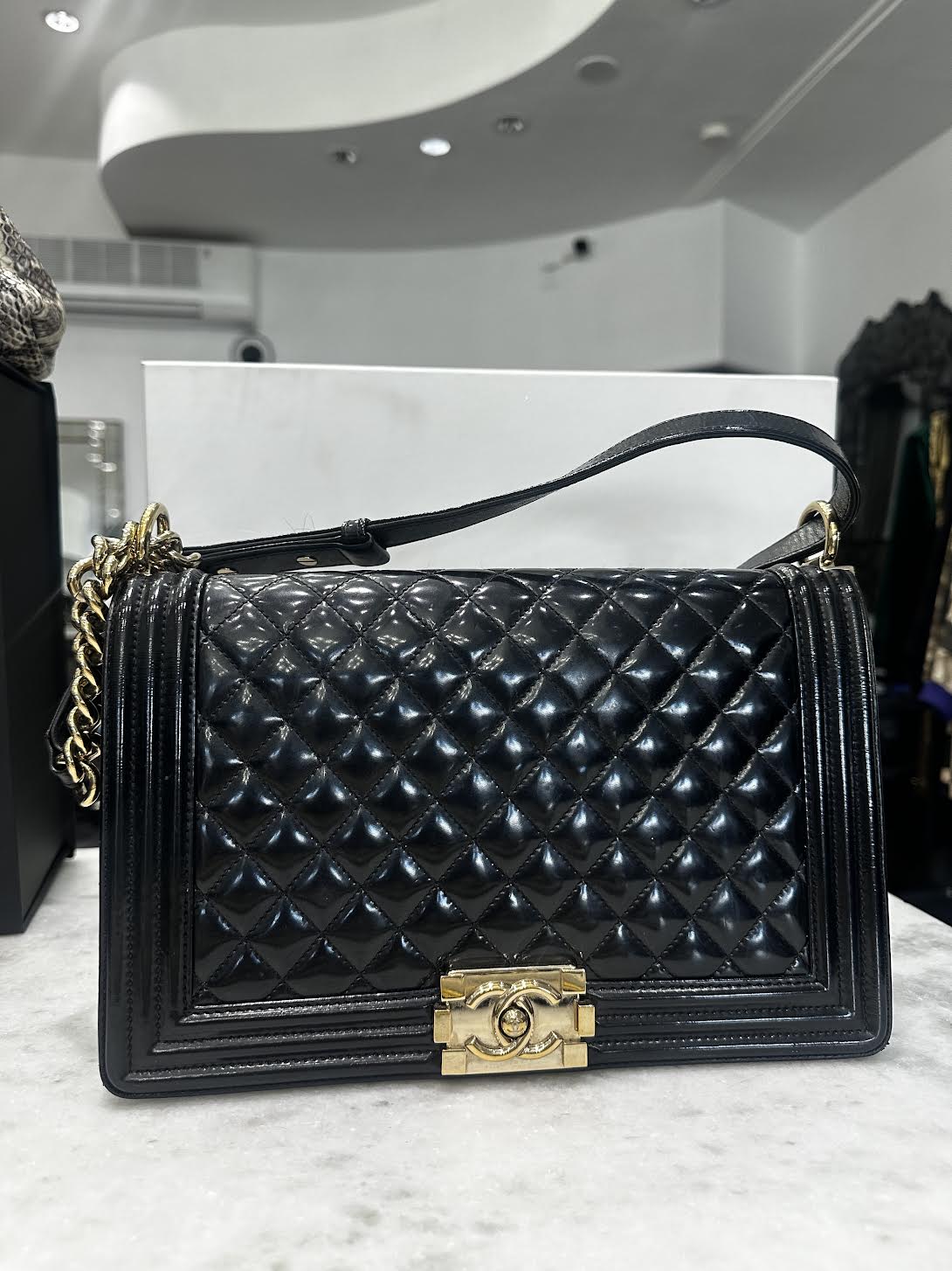 CHANEL Large Boy Patent Leather Crossbody Bag