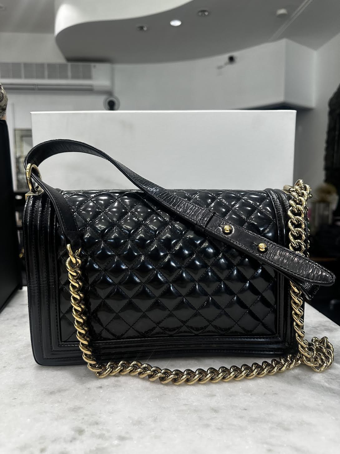 CHANEL Large Boy Patent Leather Crossbody Bag