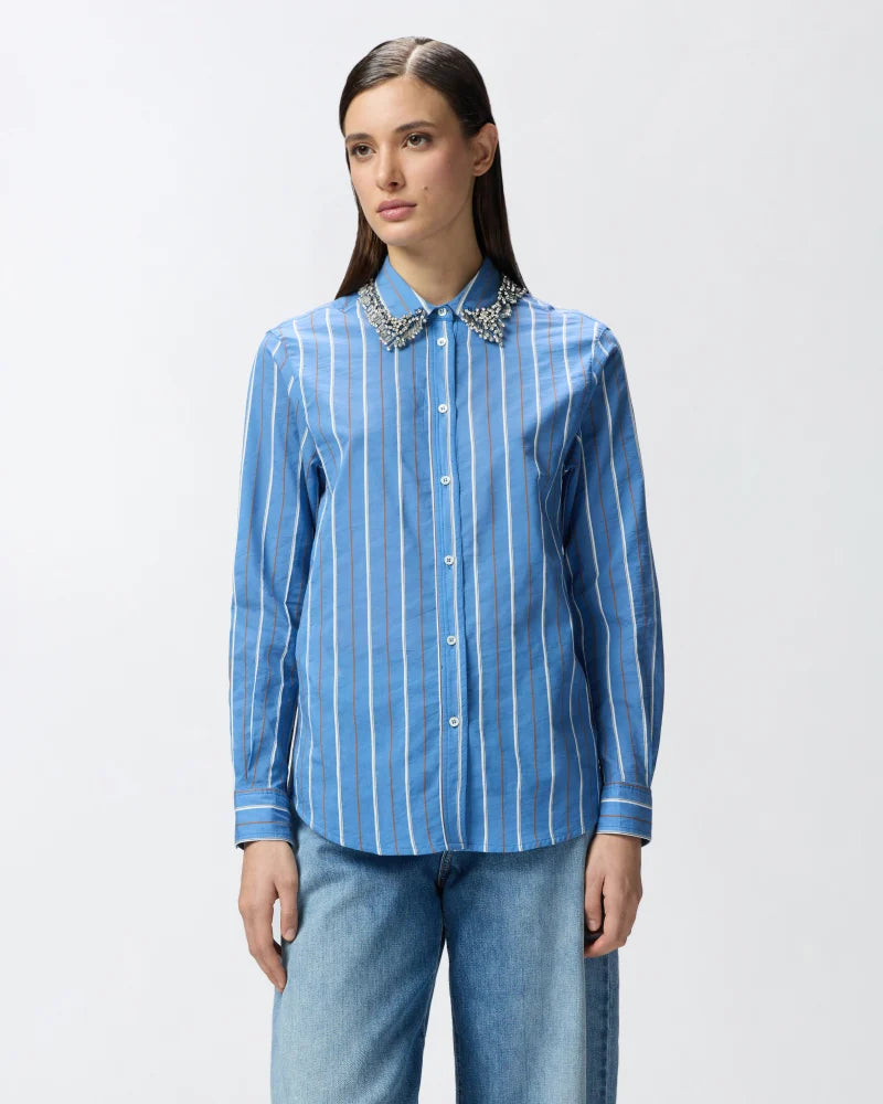 Pinko Continua Stripe Shirt w/ Rhinestone Collar