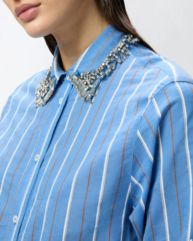 Pinko Continua Stripe Shirt w/ Rhinestone Collar