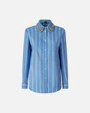 PINKO Continua Stripe Shirt w/ Rhinestone Collar