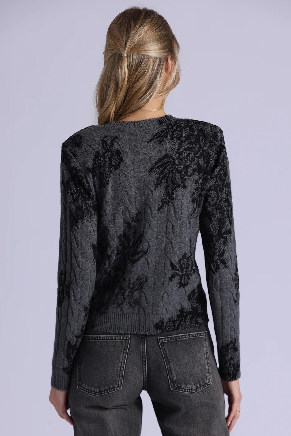 Minnie Rose Cashmere Printed Lace Cable Crew Neck