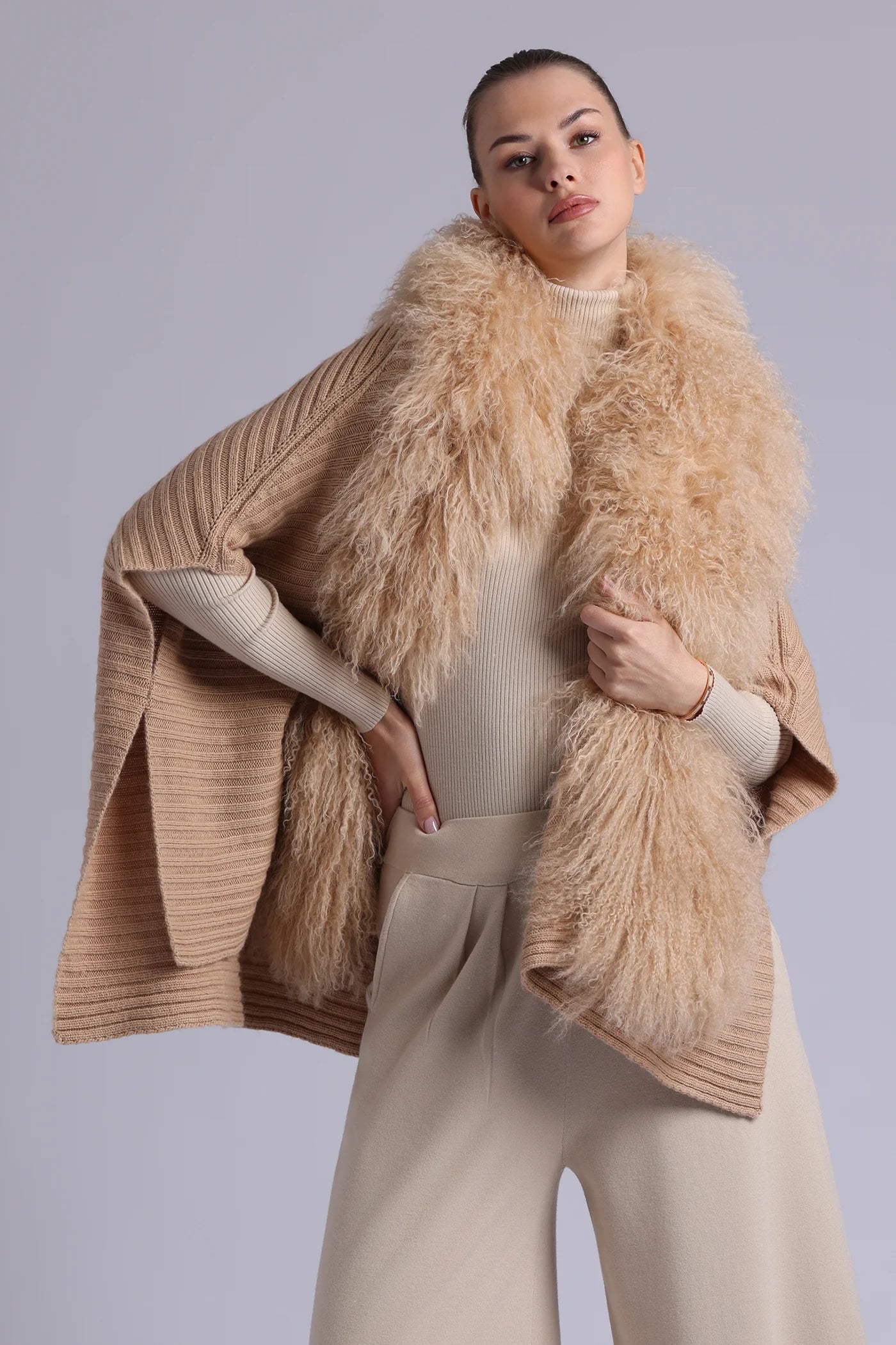 Minnie Rose Mongolian Fur Cape Camel