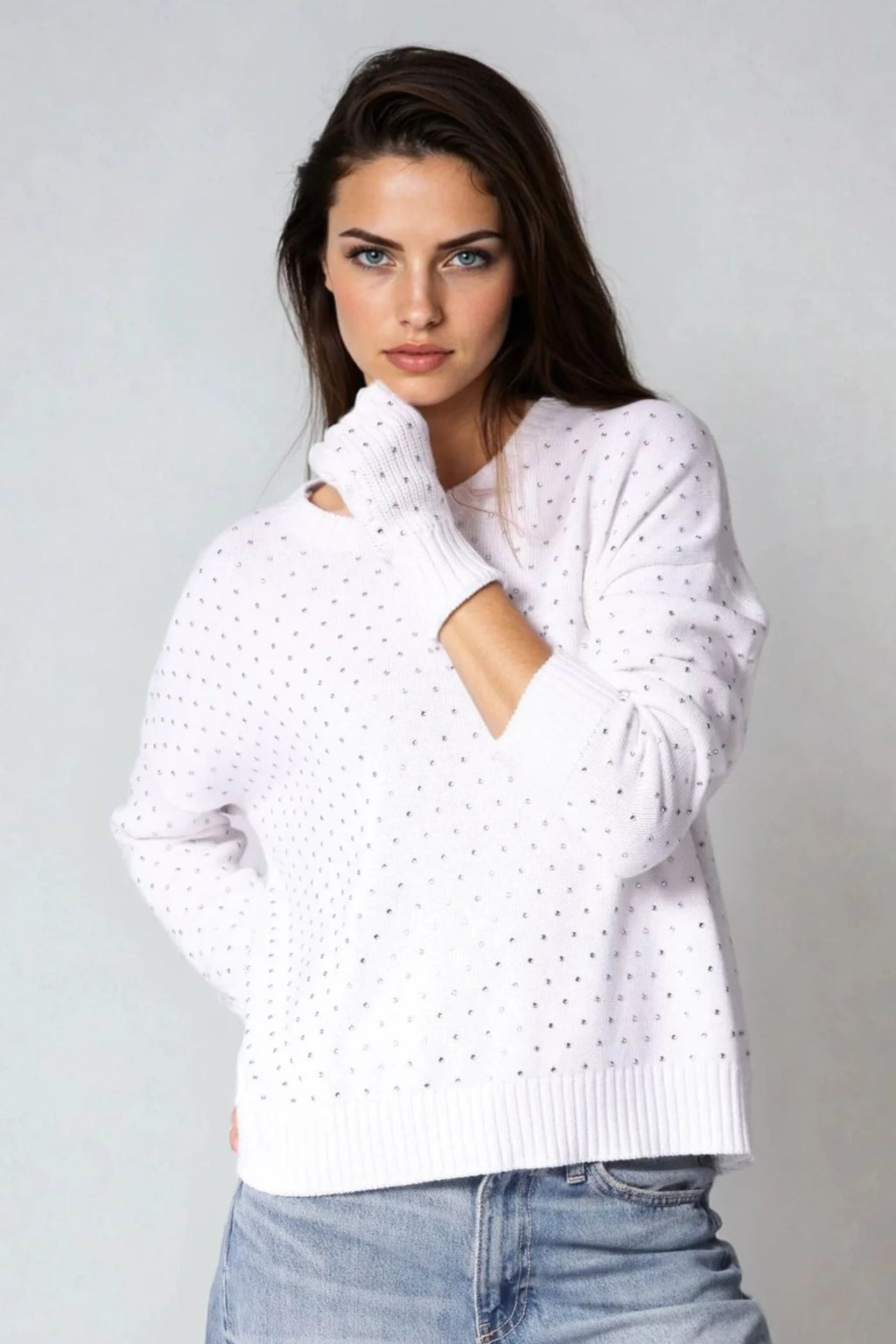 Minnie Rose Cotton Cashmere Rhinestone Fingerless Gloves White