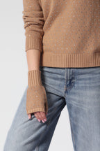 Minnie Rose Cotton Cashmere Rhinestone Fingerless Gloves Camel