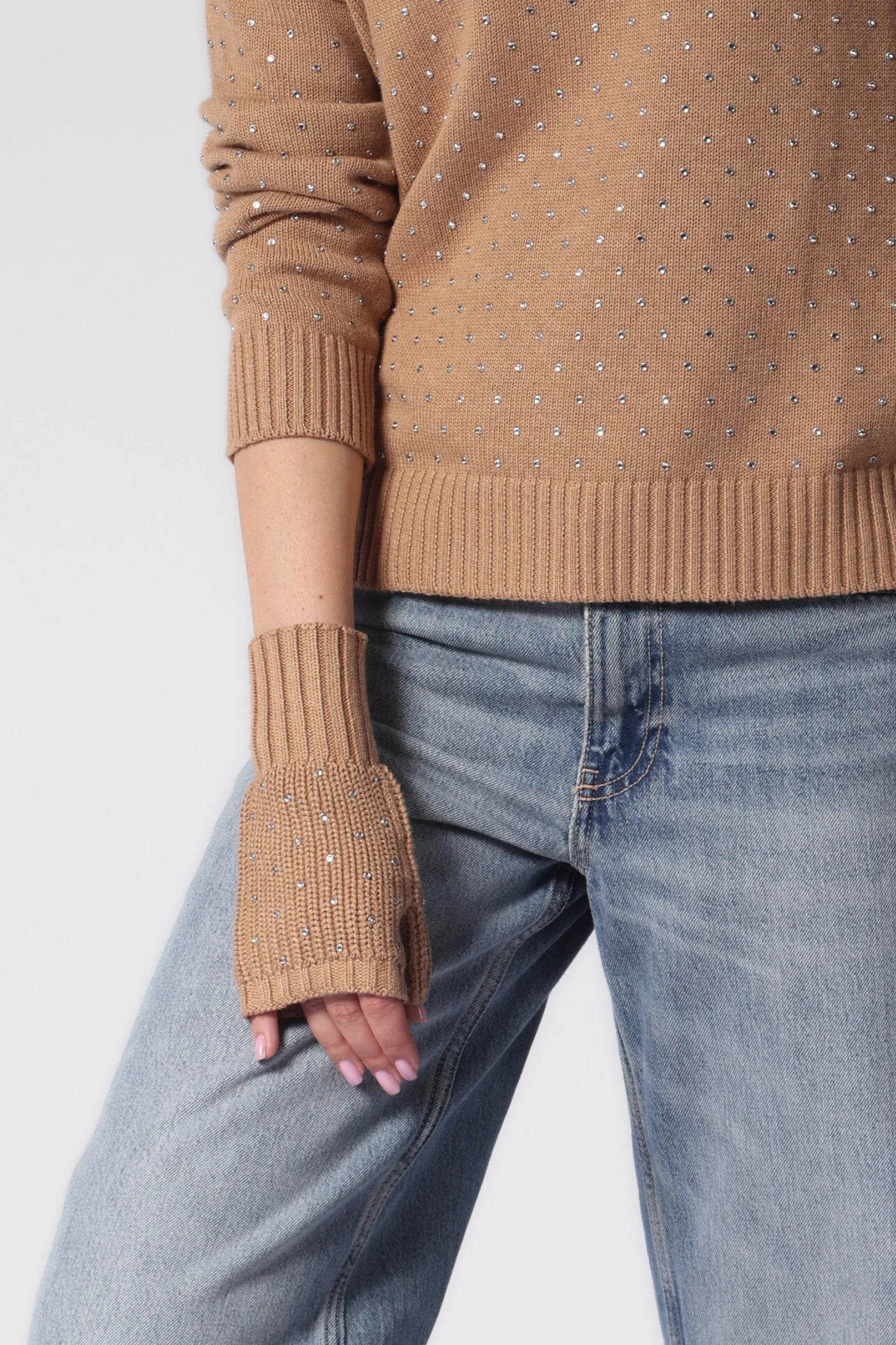 Minnie Rose Cotton Cashmere Rhinestone Fingerless Gloves Camel