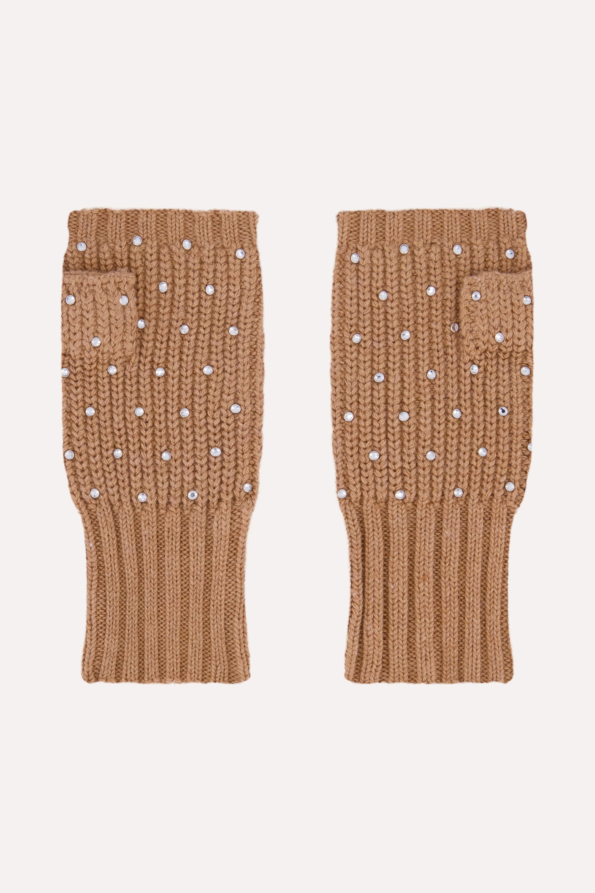 Minnie Rose Cotton Cashmere Rhinestone Fingerless Gloves Camel