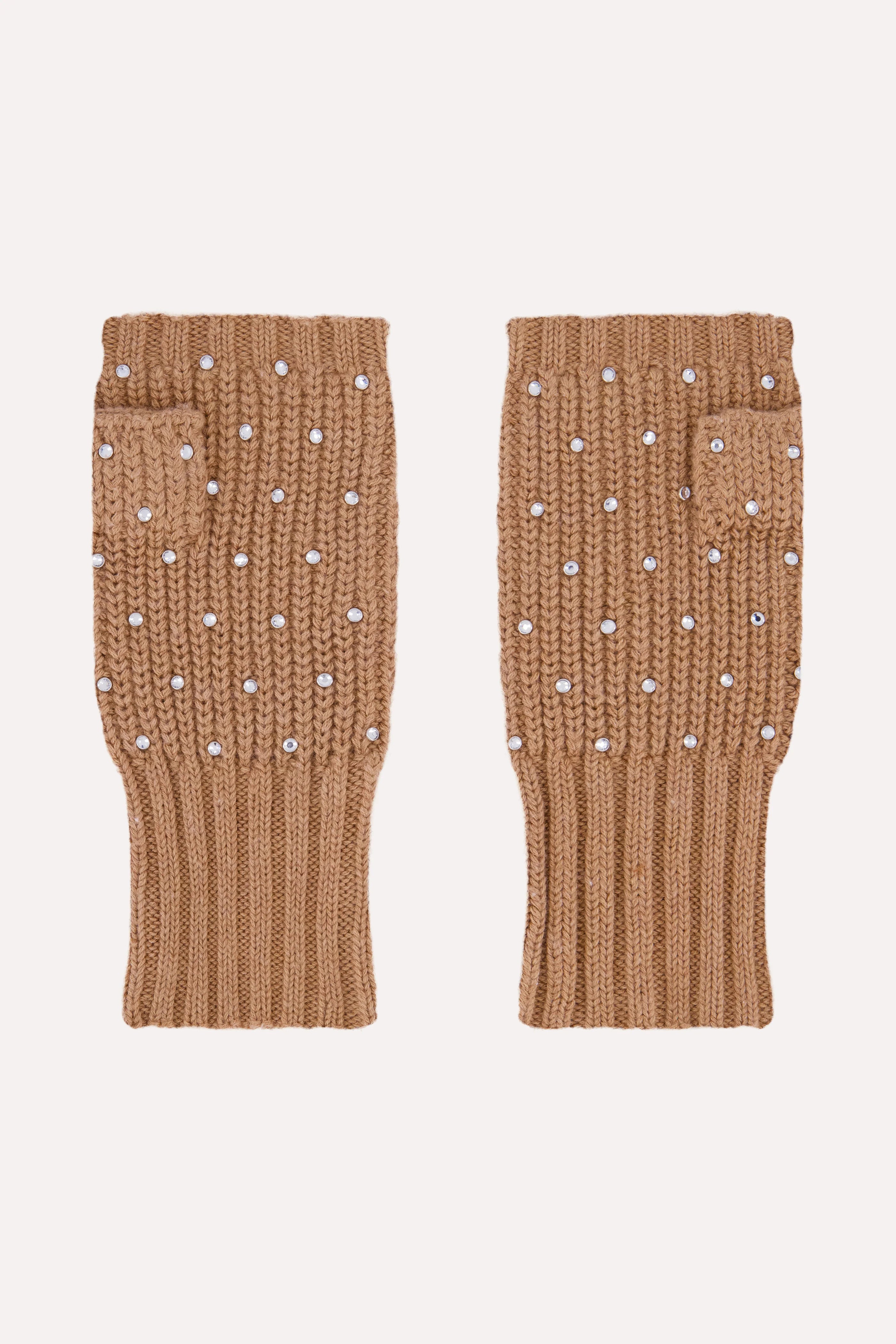 Minnie Rose Cotton Cashmere Rhinestone Fingerless Gloves Camel