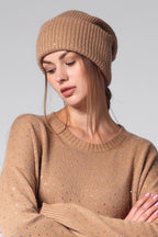 Minnie Rose Cotton Cashmere Rhinestone Shaker Beanie Hat Camel