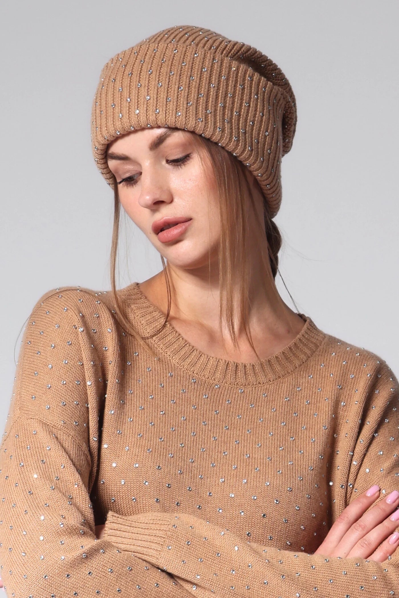 Minnie Rose Cotton Cashmere Rhinestone Shaker Beanie Hat Camel