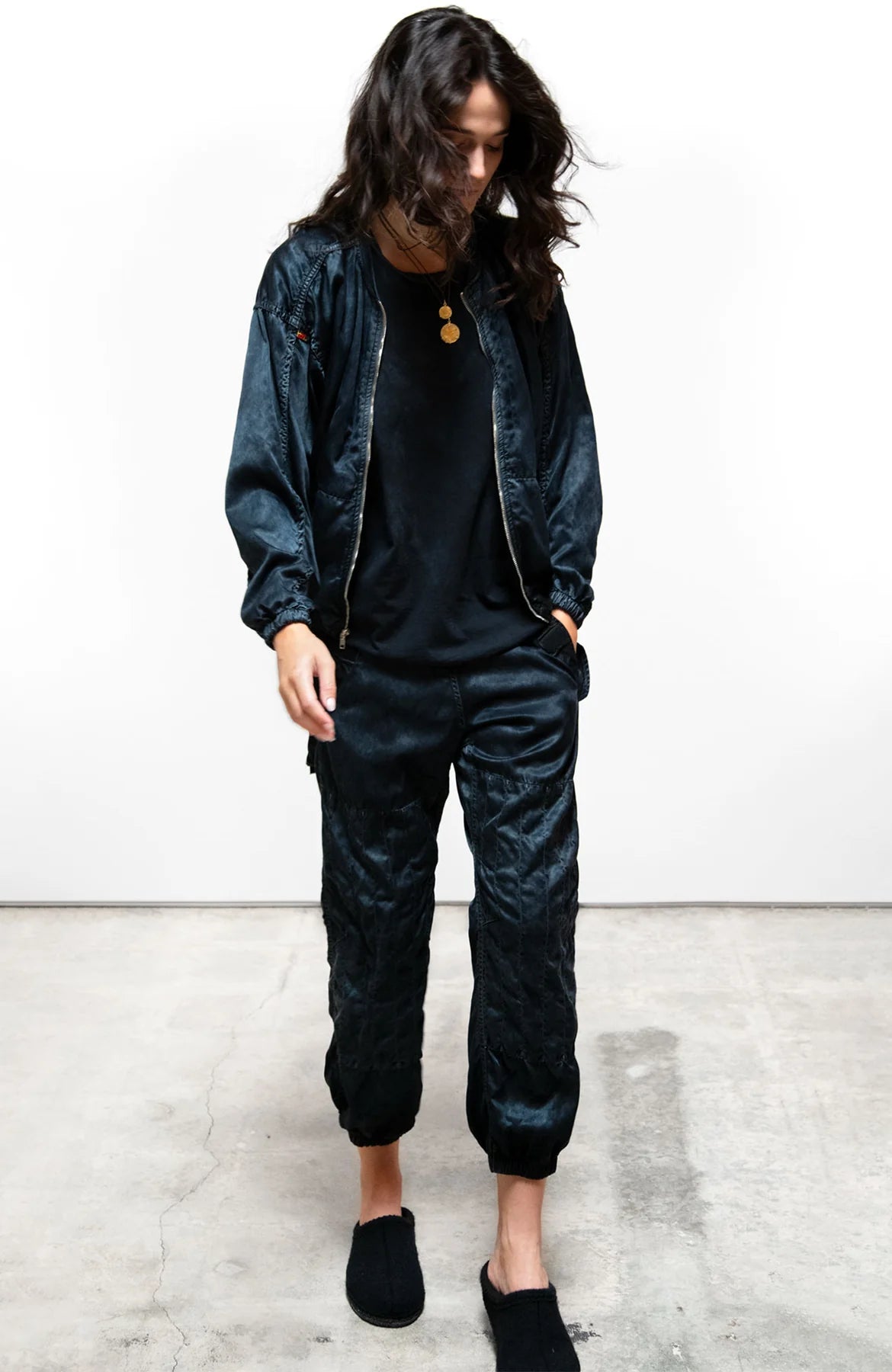 FREE CITY SATIN BOMBER/SHELL JACKET in Superblack/glass