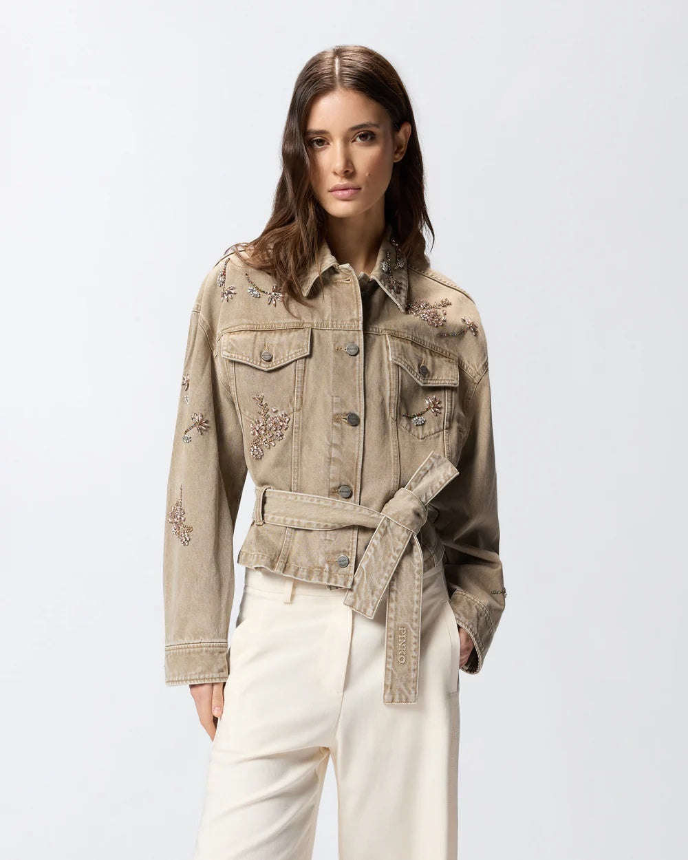 Pinko Brown Denim Jacket with Jewel Embroidery