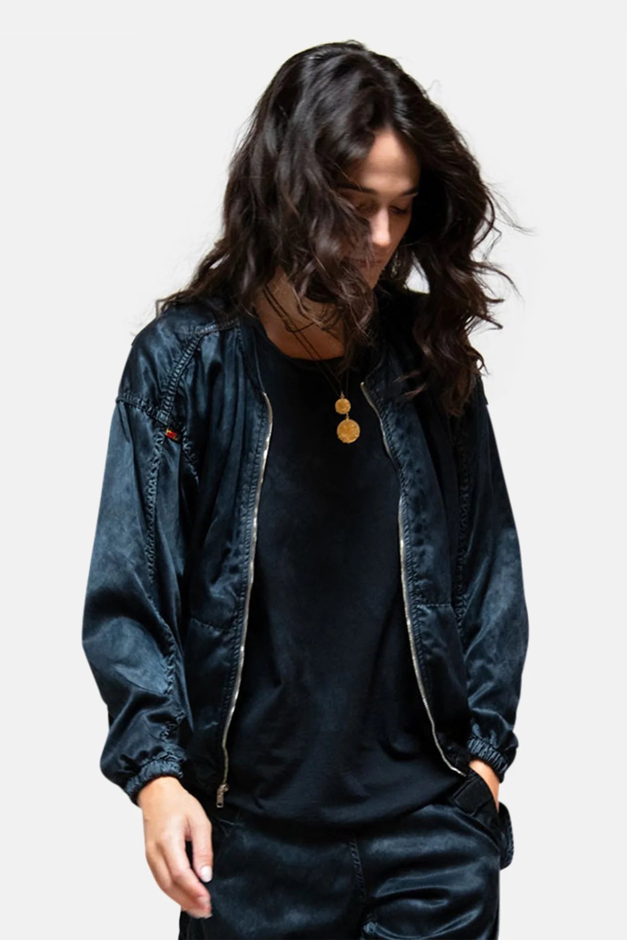 FREE CITY SATIN BOMBER/SHELL JACKET in Superblack/glass