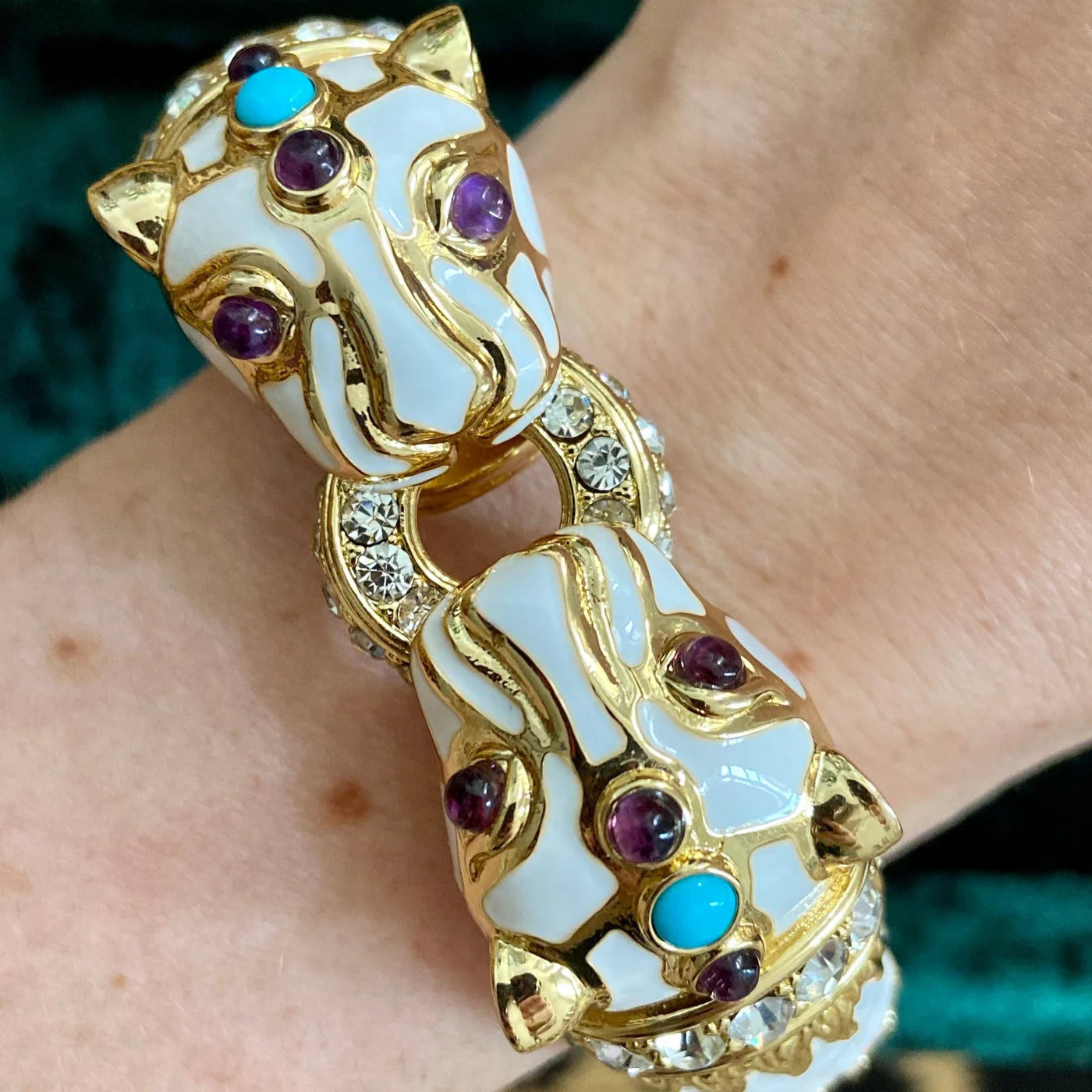 Kimono Dragon White Enamel Double Panther Bracelet