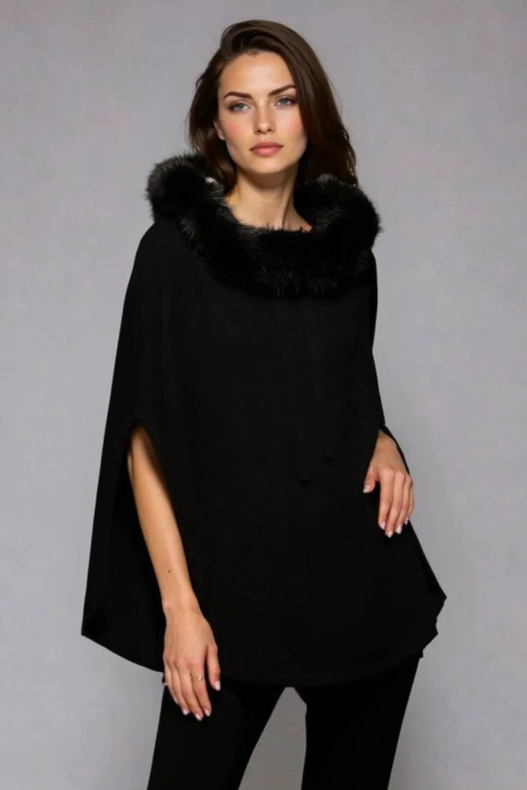Minnie Rose Luxe Cashmere Poncho with Fur Hooded Trim
