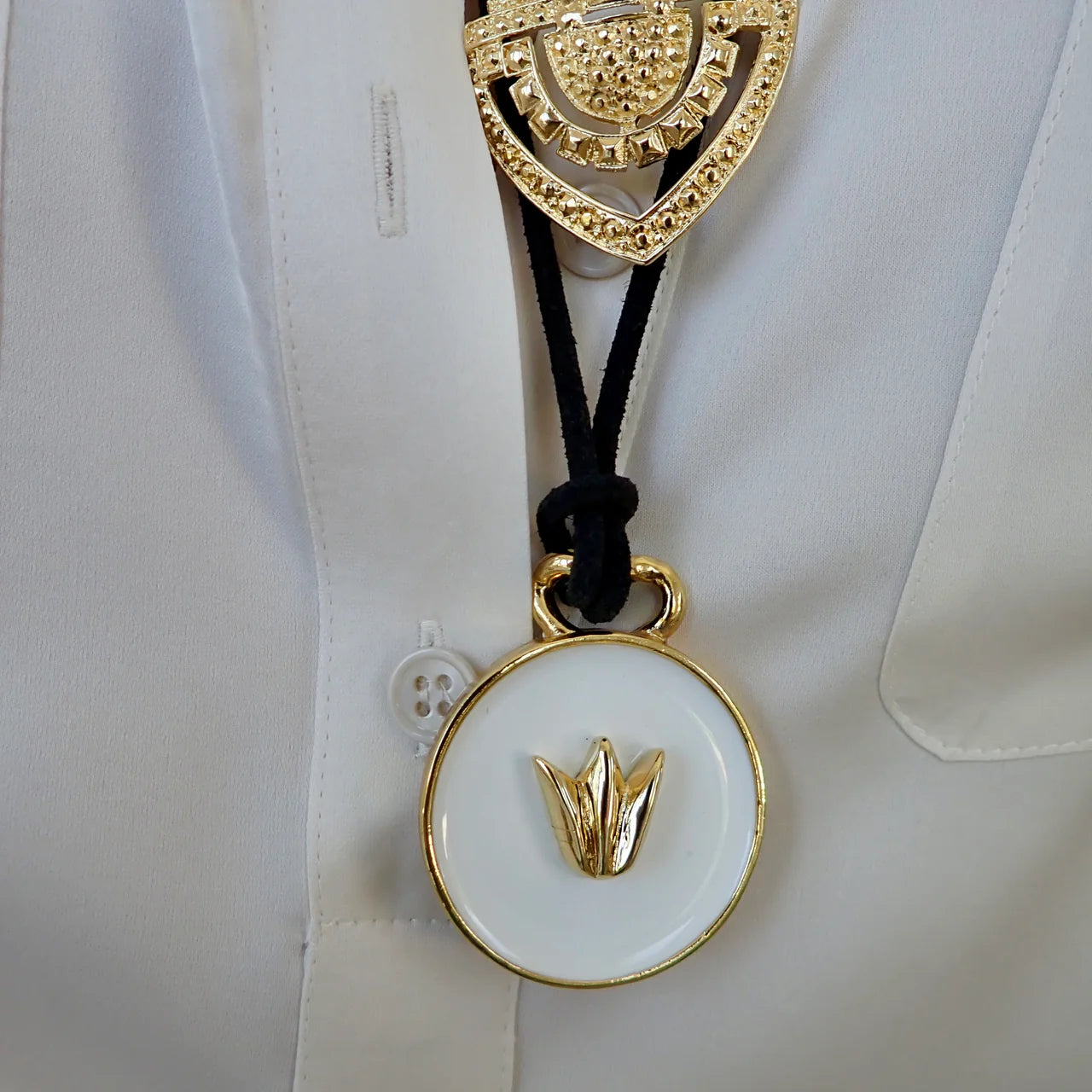 Allison Daniel Designs Fiifi White Enamel Tulip Disc Necklace on Leather Cord