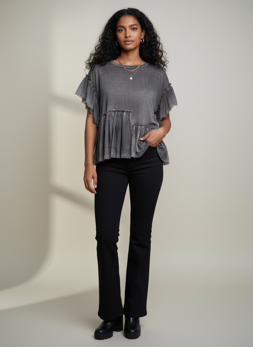 Avant Toi Silk Ruffle Top Charcoal