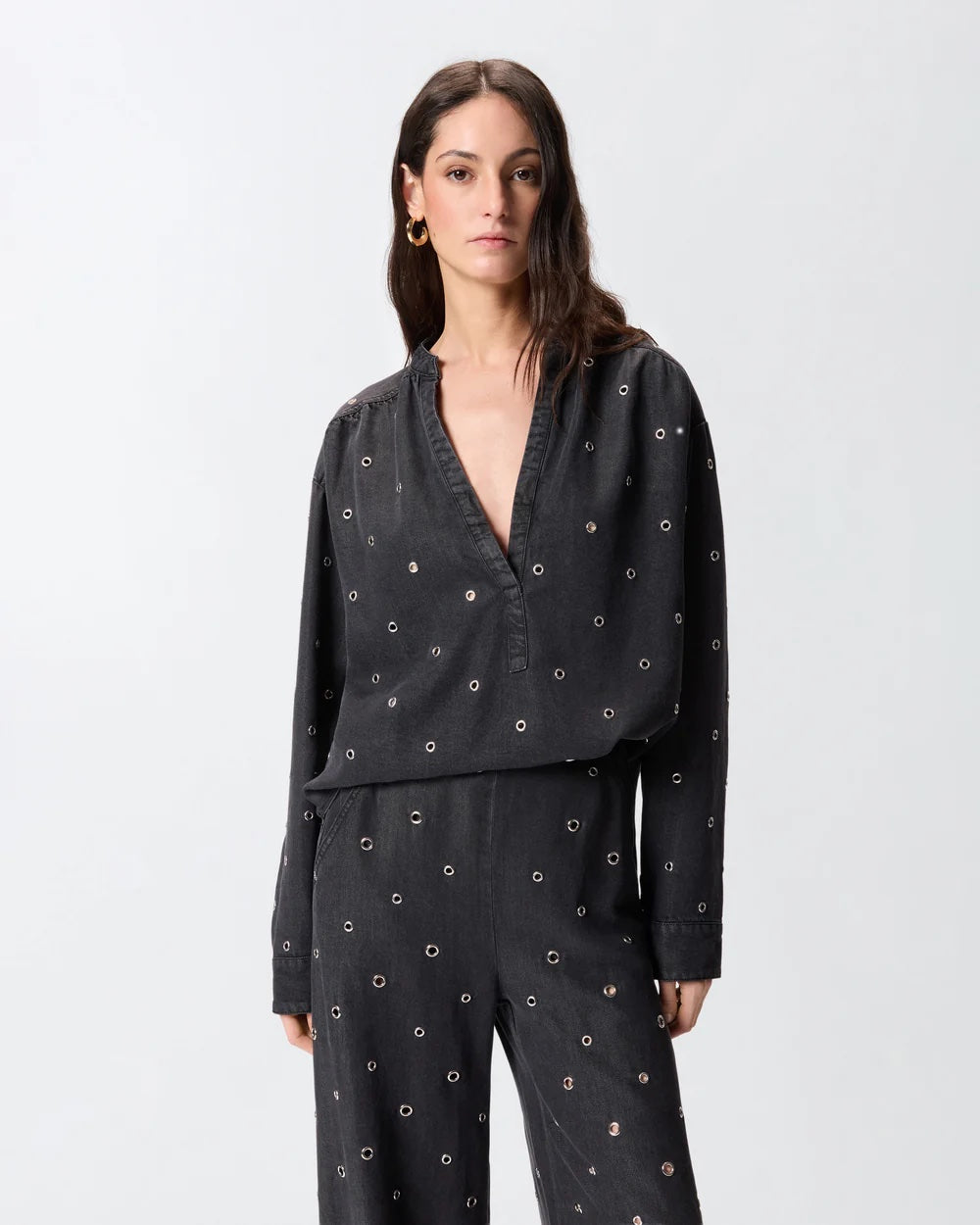 Pinko Dark Denim Blouse with Eyelets