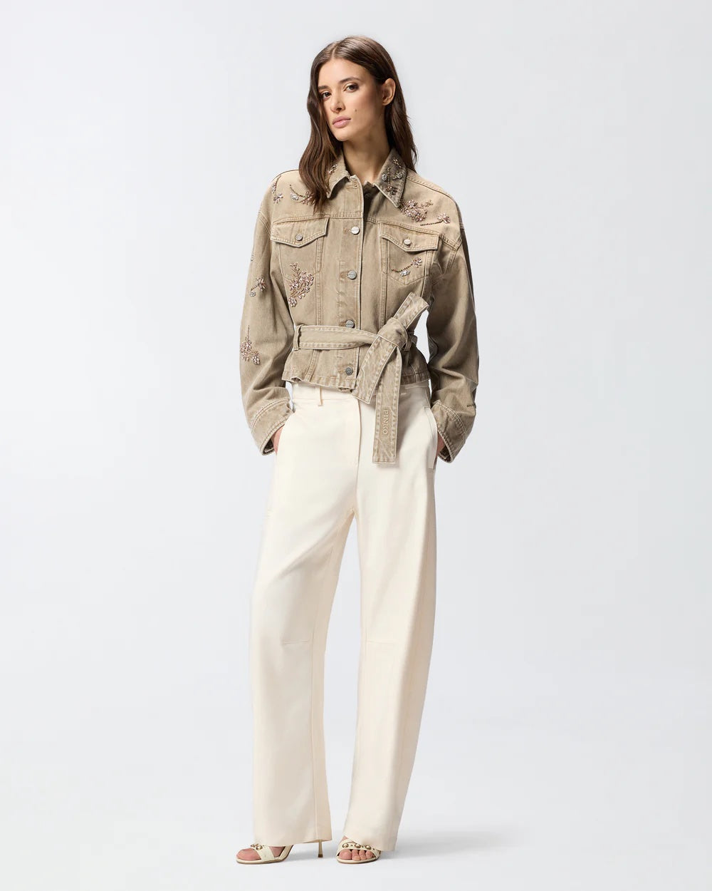 Pinko Brown Denim Jacket with Jewel Embroidery