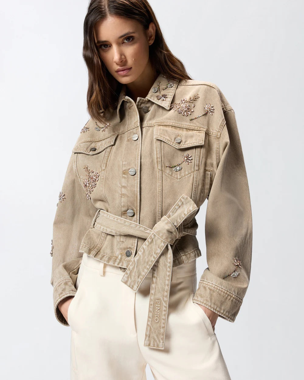 Pinko Brown Denim Jacket with Jewel Embroidery