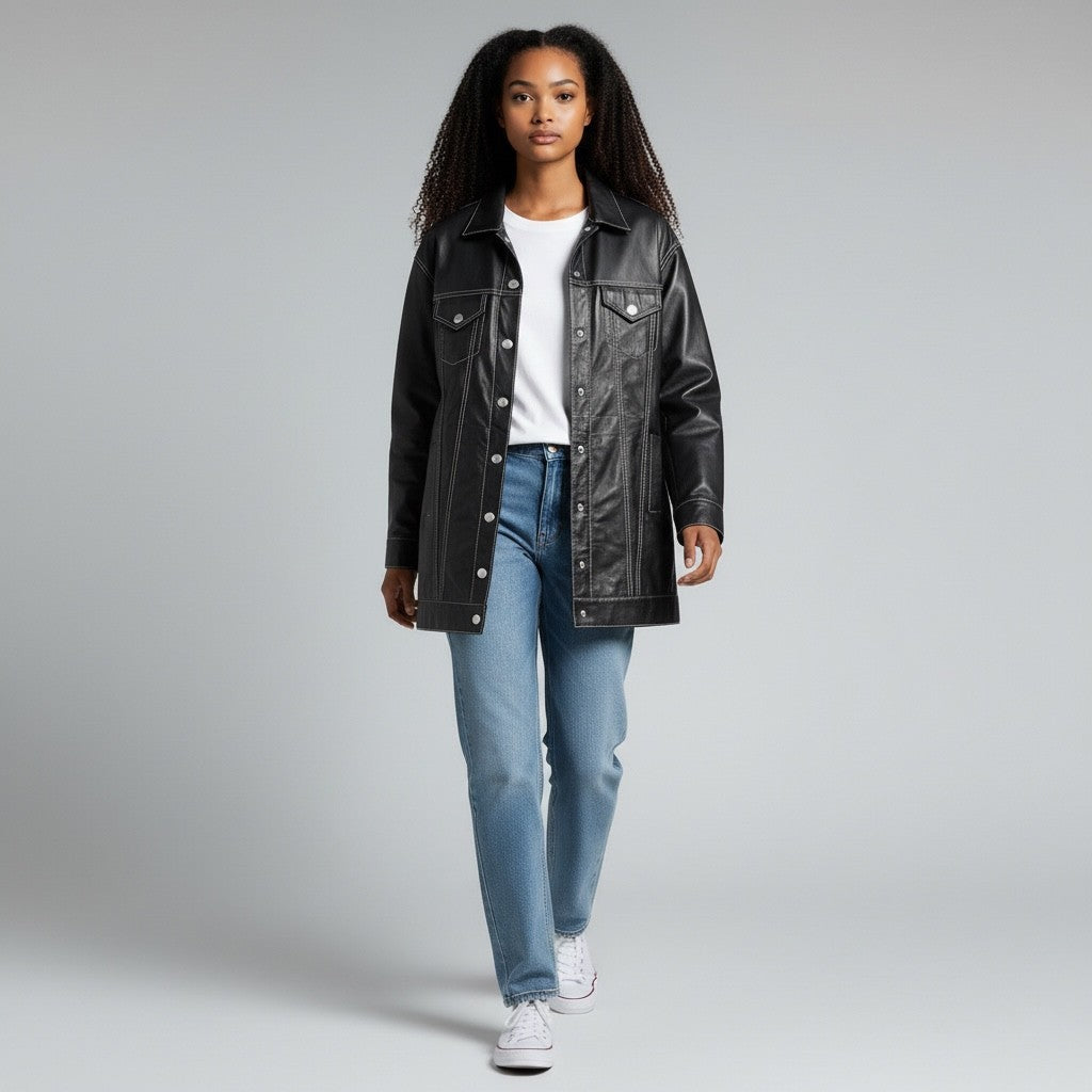 Jolie Jordan Boutique black faux leather longline trucker jacket with white stitching, worn by a model with jeans.