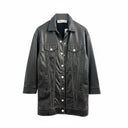 Jolie Jordan Boutique black faux leather longline trucker jacket with white contrast stitching and button front.