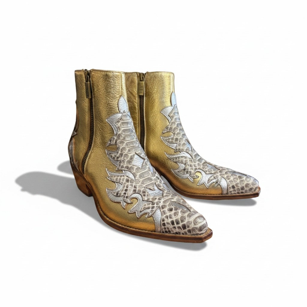 Jolie Jordan Boutique metallic gold Italian leather cowboy boots with silver python accents and pointed toe.