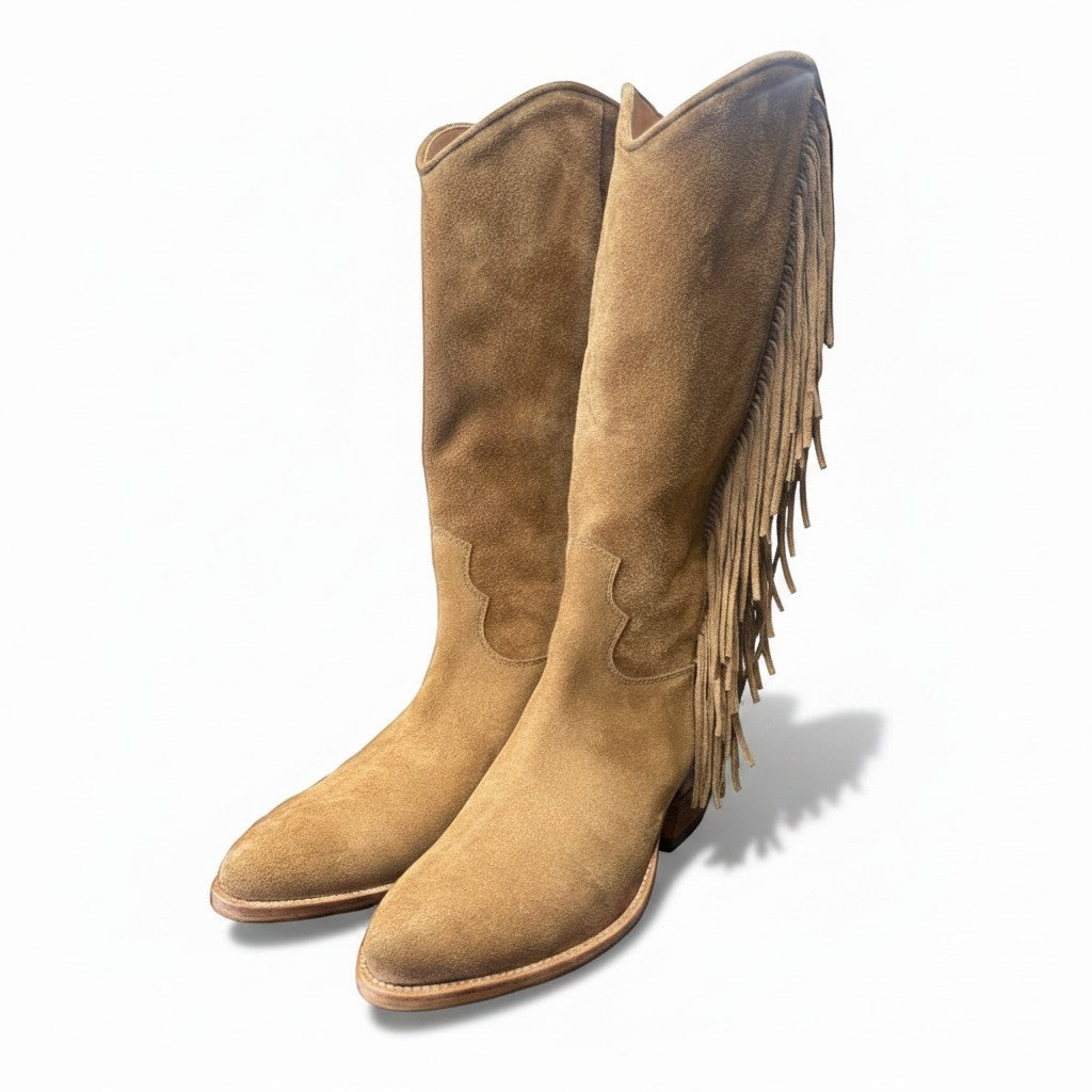 Jolie Jordan Boutique toffee brown suede cowboy boots with fringe detail and Italian leather construction.