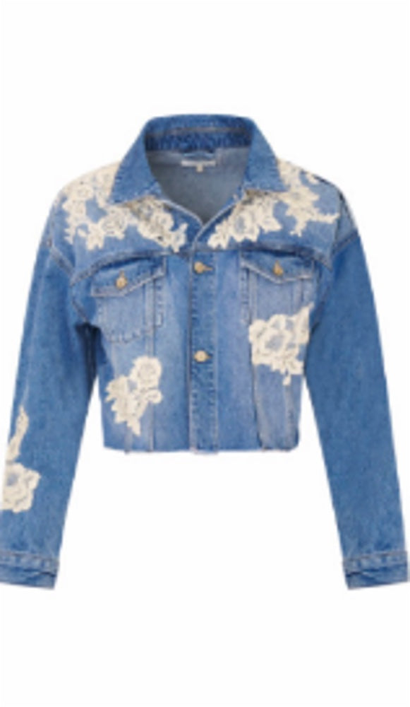 LoveShackFancy Amana Jean Jacket with Lace Detail