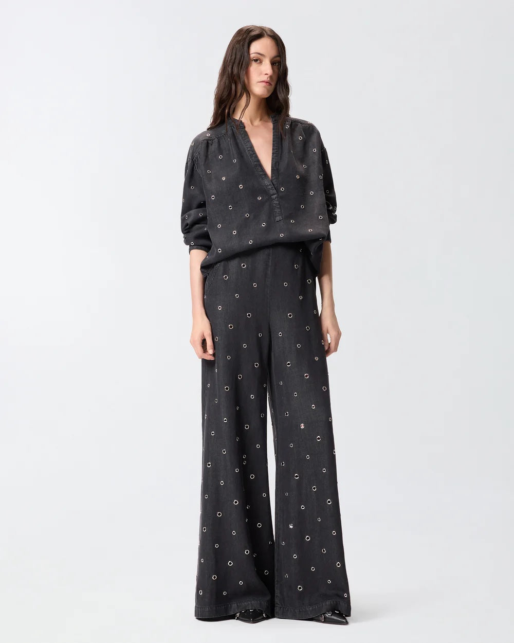 PINKO Wide-Leg Jeans in Dark Denim with Eyelets