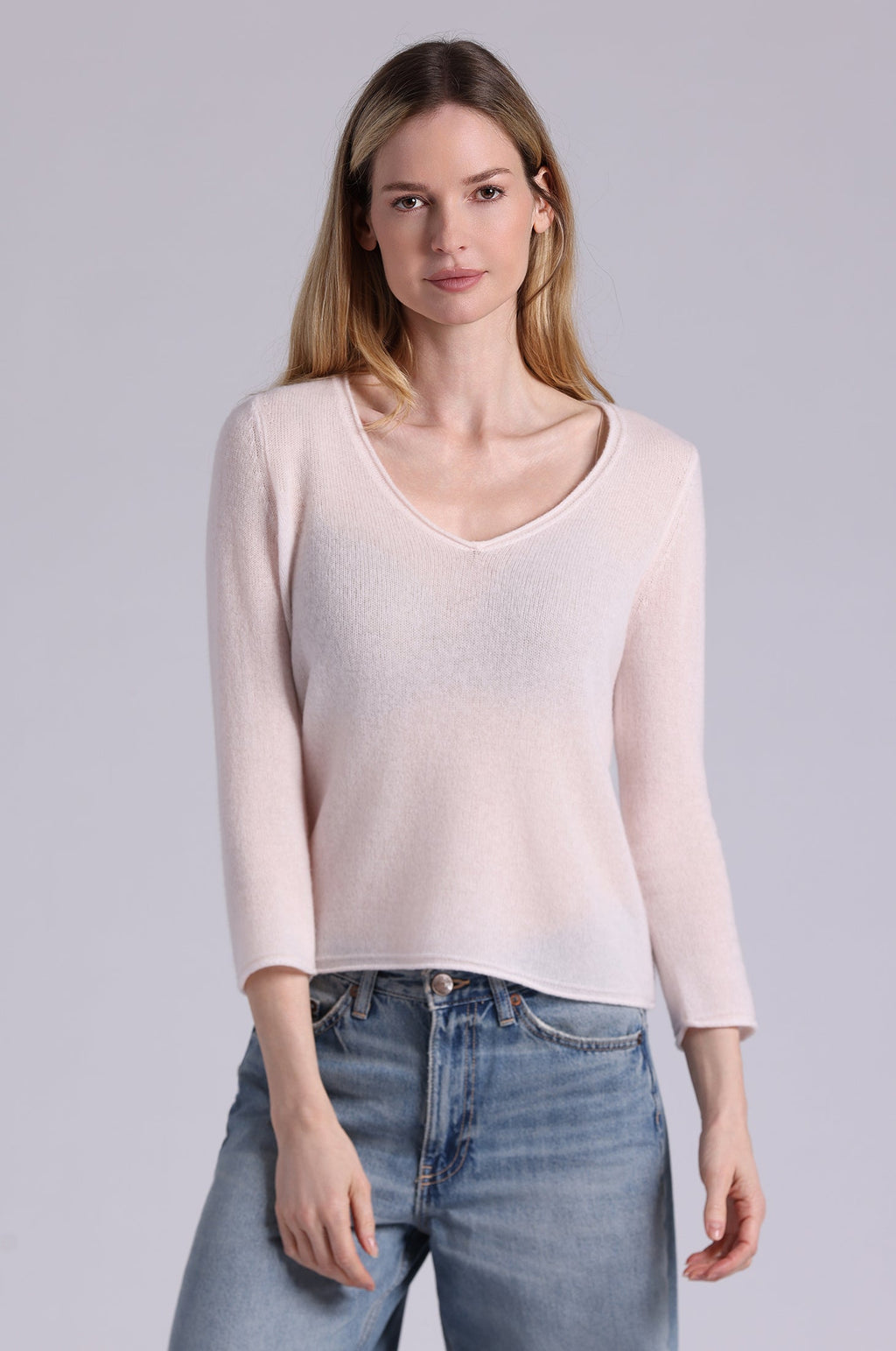 Minnie Rose Sheer Luxury Cashmere V Neck With Rolled Trims