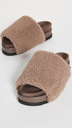 Roam Fuzzy Platform Taupe Faux Shearling Slides