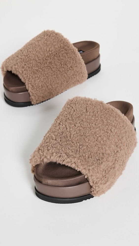 Roam Fuzzy Platform Taupe Faux Shearling Slides