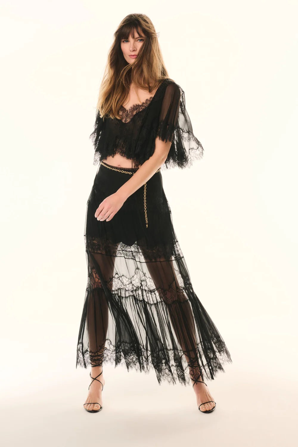 LoveShackFancy Aureline Silk Lace Pleated Maxi Skirt
