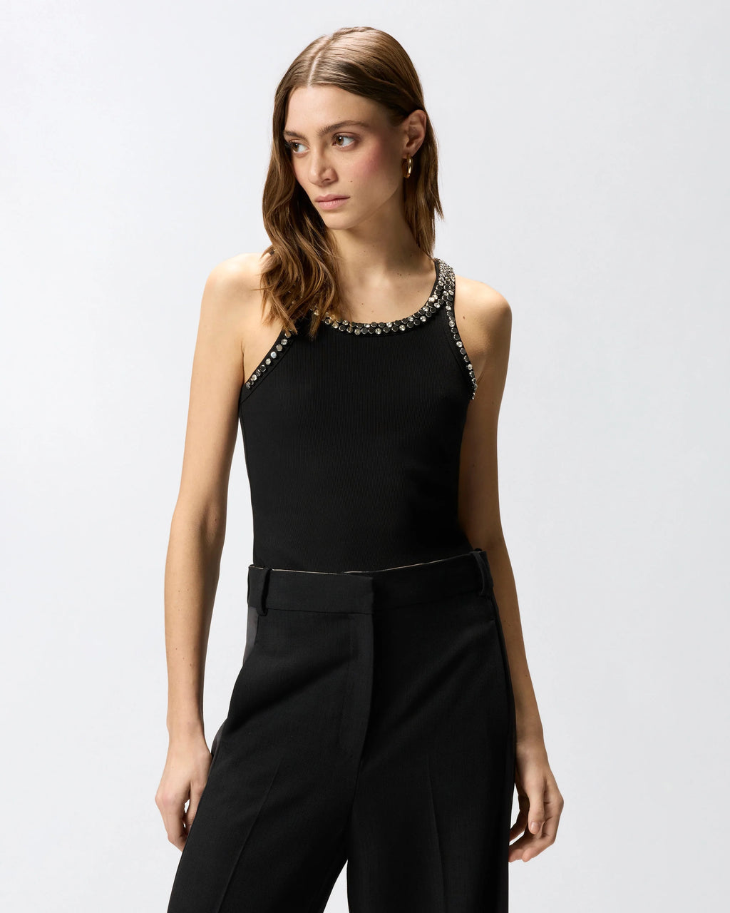 PINKO Ribbed Top with Bejeweled Embellishment in Black