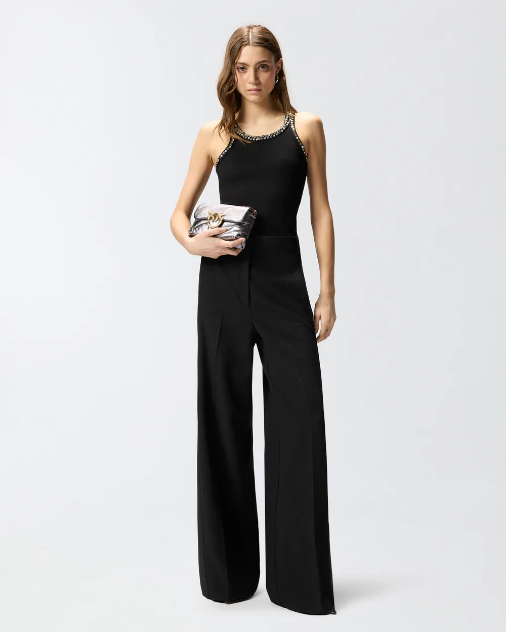 PINKO Ribbed Top with Bejeweled Embellishment in Black