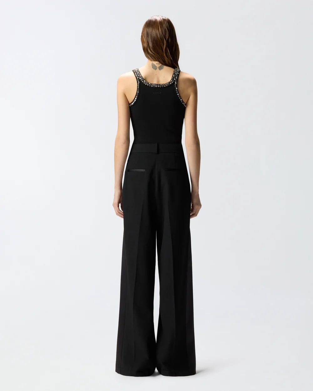 PINKO Ribbed Top with Bejeweled Embellishment in Black