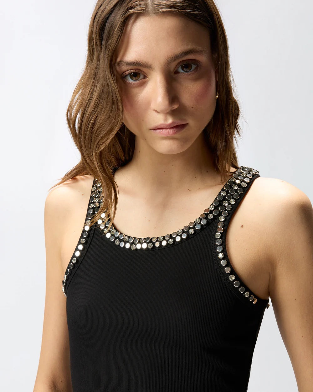 PINKO Ribbed Top with Bejeweled Embellishment in Black
