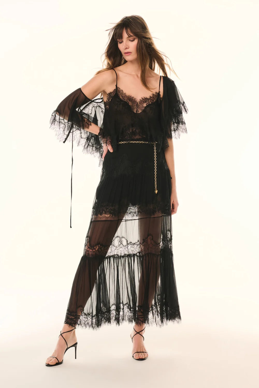 LoveShackFancy Thessisa Silk Lace Cropped Shawl Blouse