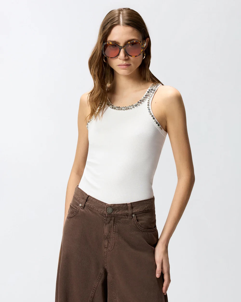 PINKO Ribbed Top with Bejeweled Embellishment in White