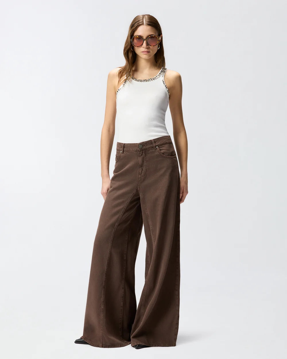 PINKO Ribbed Top with Bejeweled Embellishment in White
