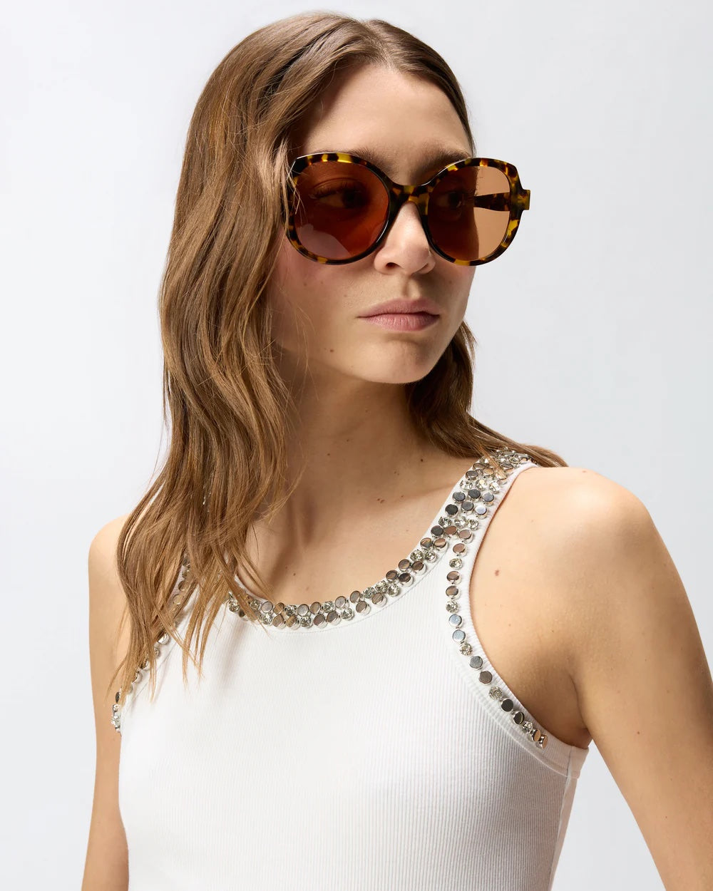 PINKO Ribbed Top with Bejeweled Embellishment in White