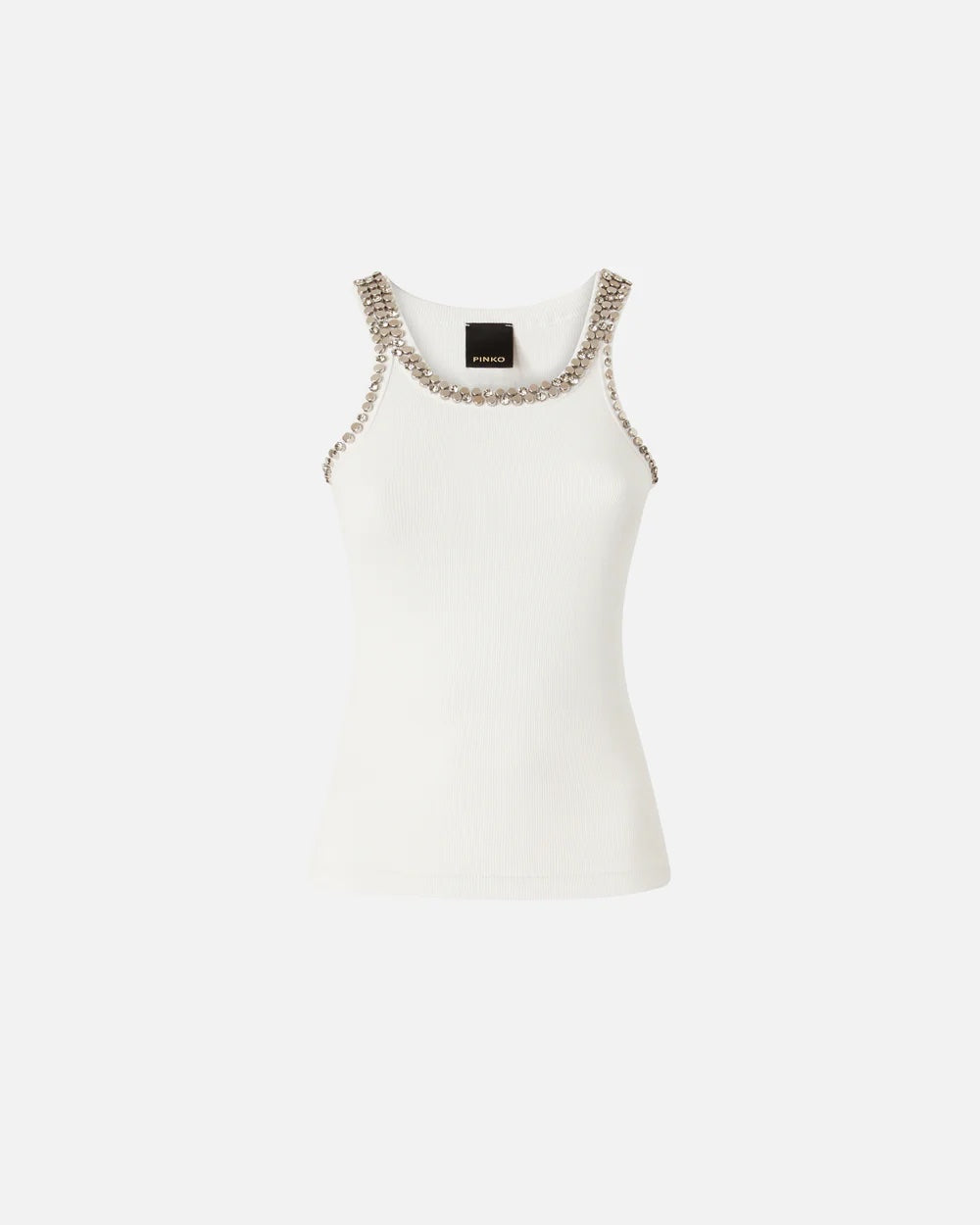 PINKO Ribbed Top with Bejeweled Embellishment in White