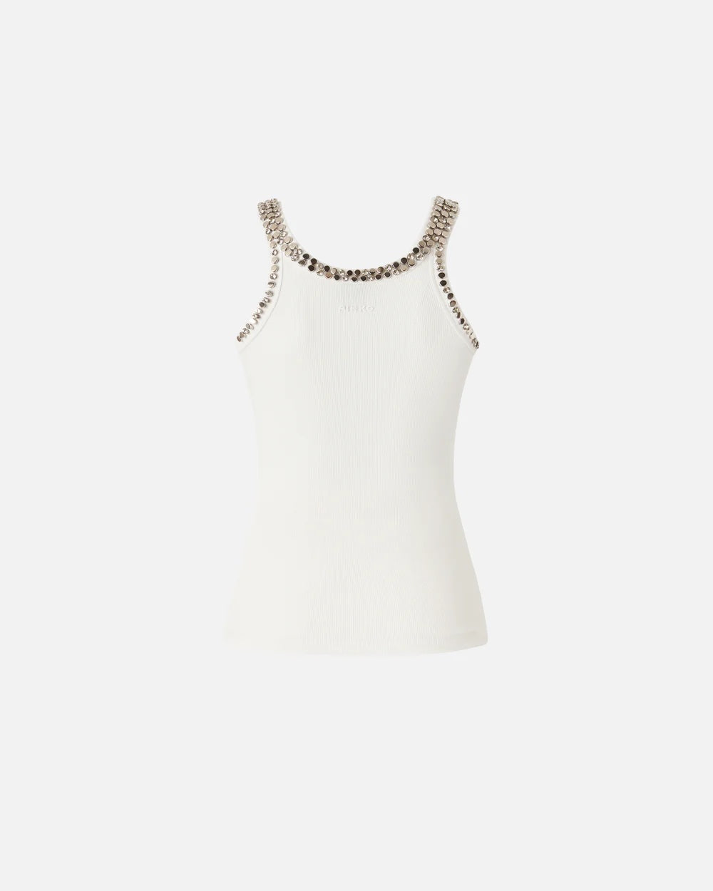 PINKO Ribbed Top with Bejeweled Embellishment in White