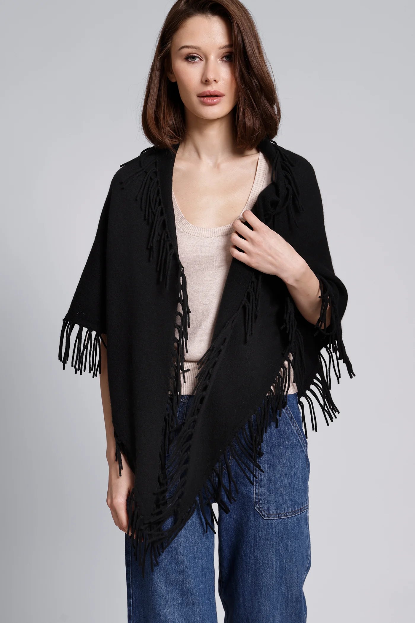 Minnie Rose Cashmere Fringe Shawl Black