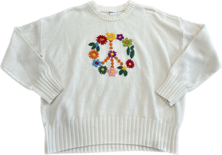 Minnie Rose Cotton Cashmere Floral Peace Crew in Starch